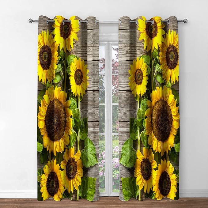 Jekeno Sunflower Floral Blackout Curtains Spring Flower on Rustic Wood Country Wooden Decor for Home Bedroom Living Room Darkening Grommet Window Drapes 2 Panel Set, 42"x54"