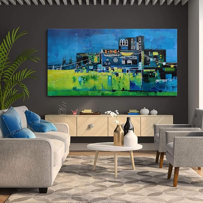 YDYSUNE Modern Abstract Wall Art for Living Room, Office & Bedroom Navy Blue City Wall Art Cityscape & Paintings for Bedroom Wall Art Pictures Wall Decor Artwork for Walls 29×58IN