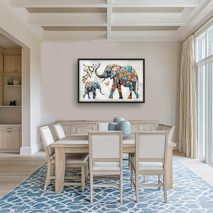 Abstract Elephant Large Framed Wall Art Floral Elephants Pictures Oversized Wall Decor Flower Leaf Butterfly Canvas Print Painting Aesthetic Modern Artwork for Living Room Bedroom Office Bathroom Home Decor 36L"x24W"