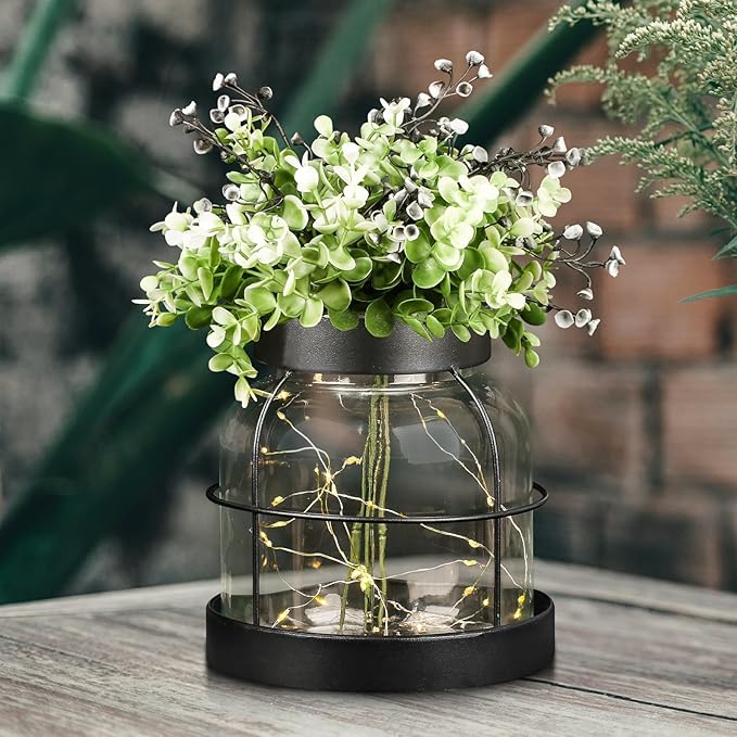Farmhouse Rustic Vintage Primitive Glass Vases Lantern with Lights Green Artificial Eucalyptus Plants Home Decor Centerpiece for Coffee Office Dining Table Shelf Desk Counter Kitchen Bathroom, Black