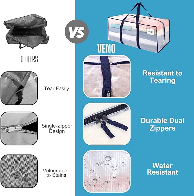 VENO 8 Pack Moving Bags Plastic Storage Totes Clothes Organization Large W Lid/Zipper. Packing Boxes/Bins Alternative. Space Saving Foldable College Supplies Essentials (Clear, 8 Pack)