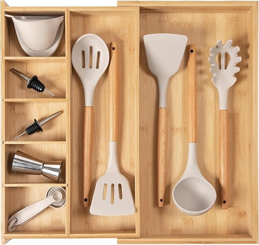 Adjustable Kitchen Drawer Organizer for Utensils and Junk, Food-Safe Contract Grade with 100% Sustainable Wood, Expandable from 10.5 to 19 Inches Wide - Natural Bamboo