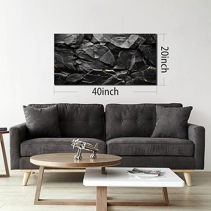 Black Stone with Golden Veins Canvas Wall Art for Living Room, Smooth Flat Rocks Picture Wall-Decor for Bedroom, Canvas Printed Artwork Decoration for Office, Size 40x20 Inches (Not 3D or Textured)