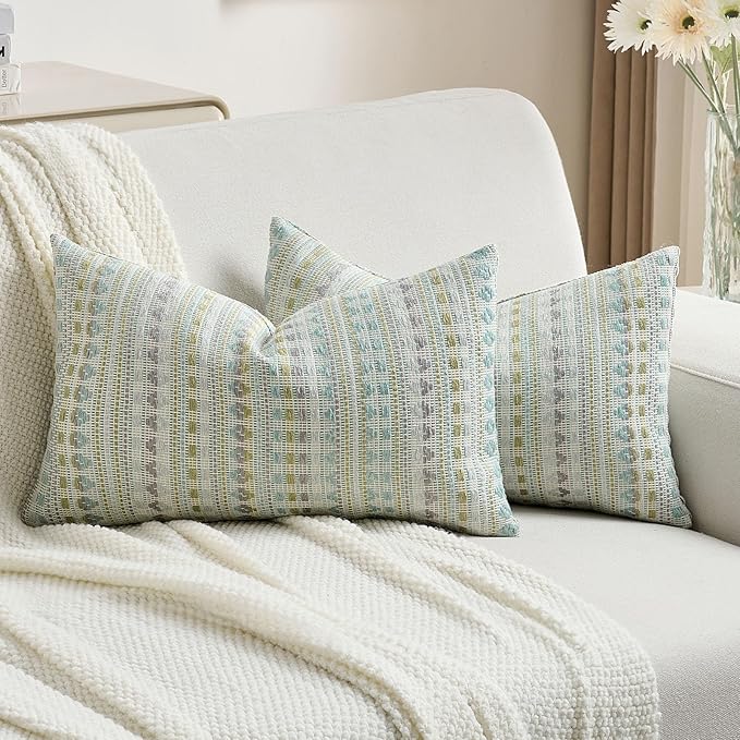 FUTEI Green Blue Decorative Throw Pillow Covers 12x20 Inch Set of 2,Soft Cozy Chenille Jacquard Textured Pillow Case,Boho Home Decor for Couch Bed Living Room