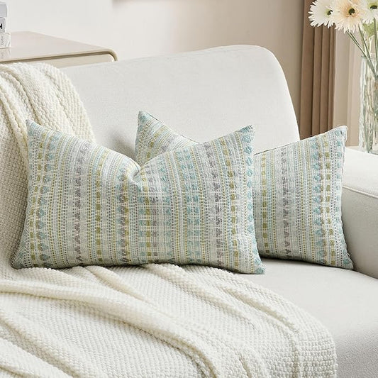 FUTEI Green Blue Decorative Throw Pillow Covers 12x20 Inch Set of 2,Soft Cozy Chenille Jacquard Textured Pillow Case,Boho Home Decor for Couch Bed Living Room