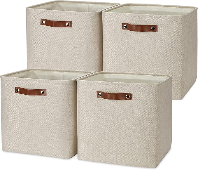 Temary Cube Storage Baskets 13 Inch Cube Storage Bins 4 Pack Baskets for Organizing Shelves Fabric Cloth Bins for Shelf, Home, Closet(Beige)