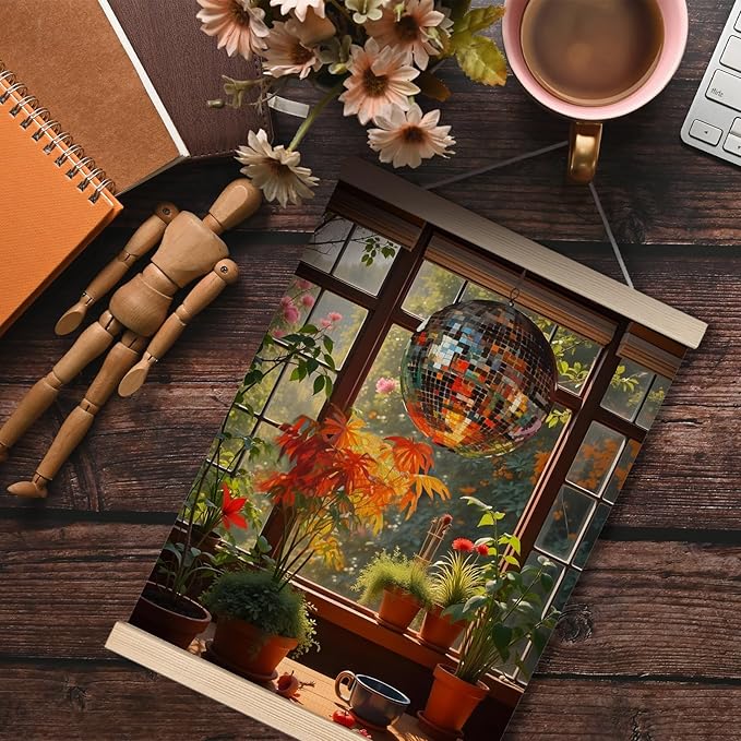 Vintage 1970s Funky Disco Ball Wall Art, 70s Home Room Decor, Retro Houseplants Warm Aesthetic Canvas Wall Art Poster Hanger Frame for Home Bedroom Living Room Bathroom Conservatory, 12x16 Inch