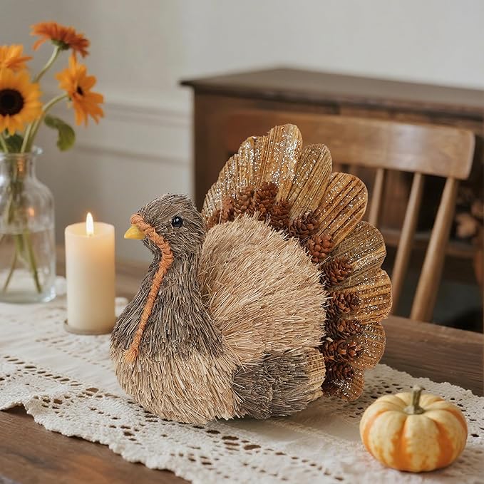 Winemana Thanksgiving Turkey Decorations Indoor, Sisal Figurines Home Centerpiece Decor, Handmade Large Turkey for Table, Office, Mantel - Fall Harvest Gifts