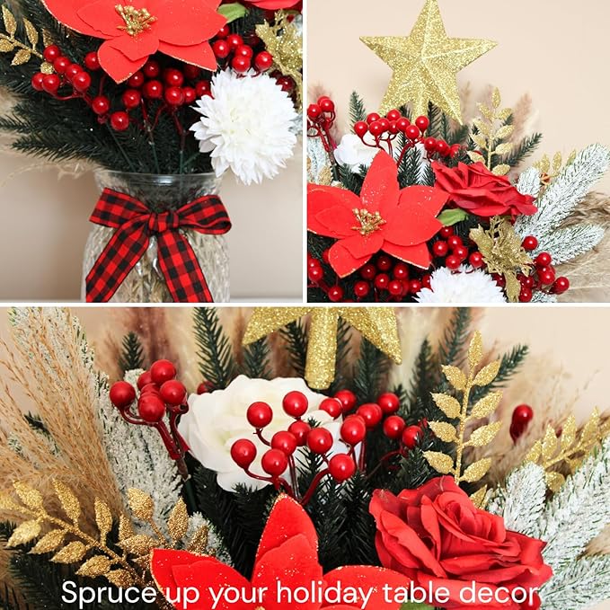 Christmas Centerpieces for Tables, Holiday Table Decor, 100pcs Christmas Floral Arrangements in Vase, Xmas Decorations for Coffee Kitchen Dining Table, Artificial Poinsettia Red Berry Pine Branches