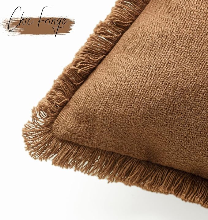 Foindtower Set of 2 Decorative Linen Fringe Throw Pillow Covers Boho Farmhouse Cushion Cover with Tassels Soft Accent Pillowcase for Couch Sofa Bed Living Room Home Decor,20×20 Inch,Orange Brown