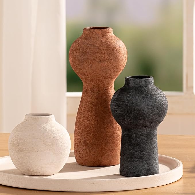 Ceramic Vase Home Table Decor - Flower Vase Set of 3 Living Room Kitchen Decorations Farmhouse Modern Rustic Vases Decorative Centerpiece for Shelf Bedroom Office Bathroom Dining Coffee Desk