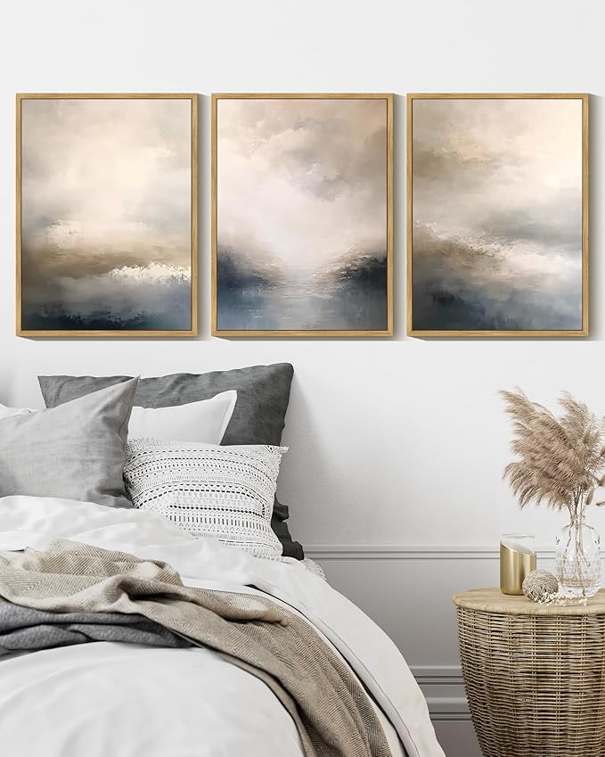 KUVIOKE Boho Abstract Wall Art Framed Minimalist Beige Gray Prints Watercolor Neutral Rustic Artwork Hallway Bedroom Living Room Decor 12x16in (Natural Framed)