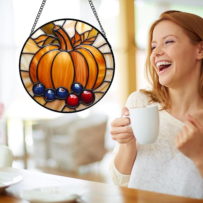 Stained Glass Window Hanging Fall Pumpkin Berries Large 15" - Suncatcher Door Garden Kitchen Sunroom Sun Catcher Autumn Home Decor Birthday for Mom Grandma Men Woman