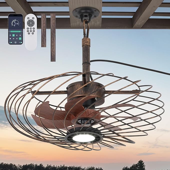 20" Outdoor Ceiling Fan with Light, Waterproof Gazebo Fan Remote Control, Dimmable LED Light, Hanging Black Caged Ceiling Fixtures with Plug in Cord for Patios Pergola, Black Gold