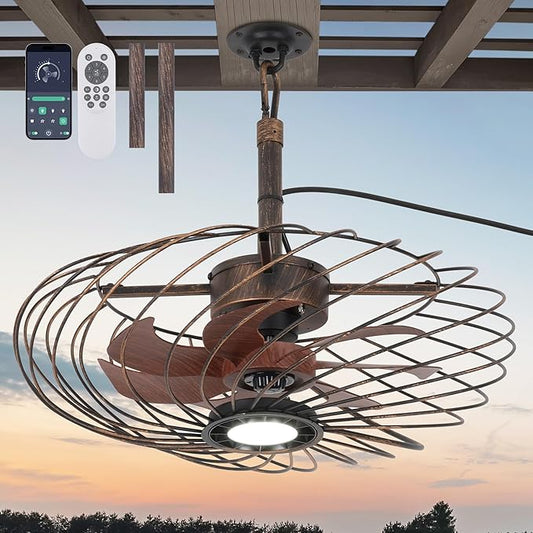 20" Outdoor Ceiling Fan with Light, Waterproof Gazebo Fan Remote Control, Dimmable LED Light, Hanging Black Caged Ceiling Fixtures with Plug in Cord for Patios Pergola, Black Gold