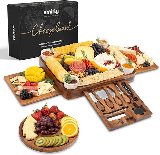SMIRLY Charcuterie Boards Set, Large Cheese Board Set, Natural Walnut Wood Charcuterie Tray with Accessories - Housewarming Gifts New Home, Wedding & Bridal Shower Gifts for Women, Couples
