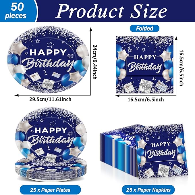 Birthday Oval Paper Plate 11inch Large Happy Birthdays Plates and Napkins, Blue and Silver Party Decoration Favor Dish Tray for Man Woman Bday Baby Shower Holiday Gathering Supplies Tableware 25 Guest