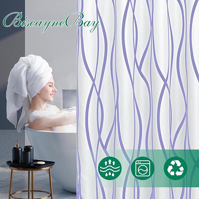Biscaynebay Extra Long Textured Fabric Shower Curtain 72 W x 84 L, Lavender Printed Striped Linen Modern Hotel Luxury Quality Cloth Bathroom Curtains Machine Washable