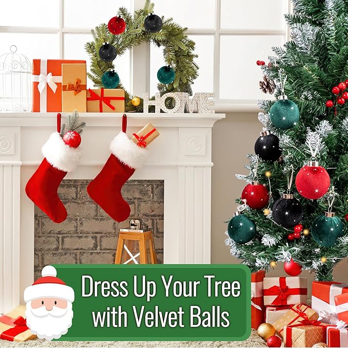 Christmas Tree Ornaments Set Velvet Balls, 15pcs Shatterproof Christmas Bulbs Ornaments for Xmas Tree Decorative Hanging, Vintage Flocked Decoration, 58mm, 2.3in, Multicolor Green Red Black
