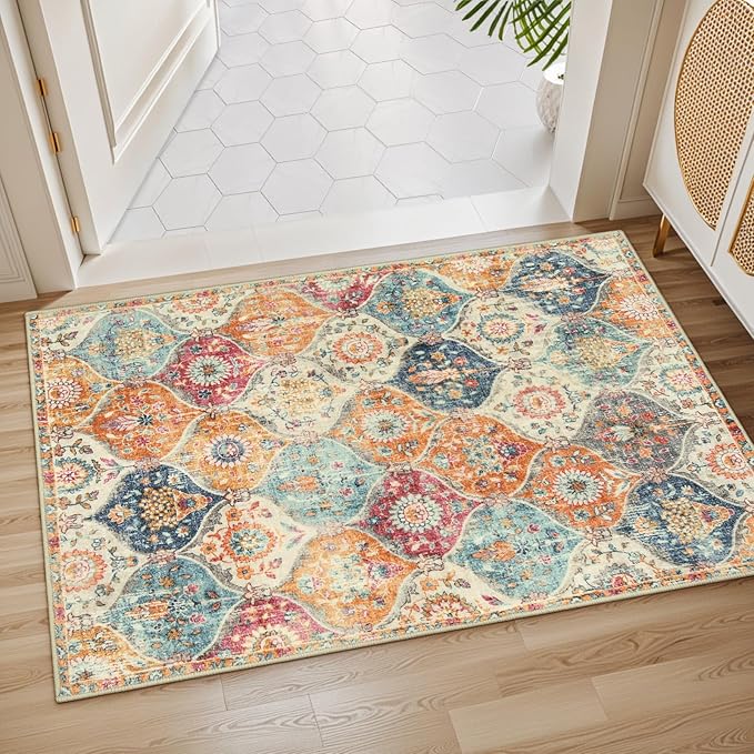 Lahome Moroccan Trellis Washable Rug, 2x3 Kitchen Rugs for Entryway Bathroom, Non-Slip Indoor Door Mat Ultra-Thin, Small Oriental Throw Carpet for Bedroom Entry, Cream/Multi