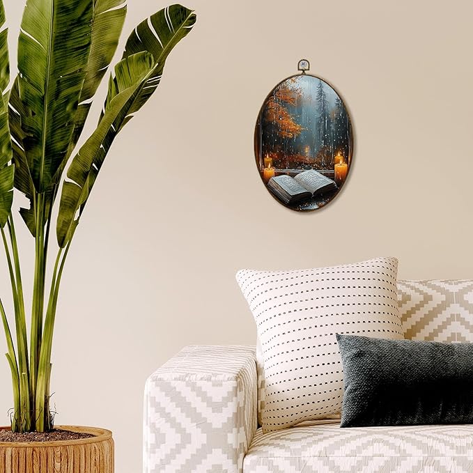 JQF Dark Academia Fall Rainy Oval Wall Art, Cottagecore Rainy Fall Candle Oval Canvas Wall Art, Dark Academia Bookish Framed Prints Hanging Decor for Home Bedroom Reading Room Library, 8.5x11.5 Inch