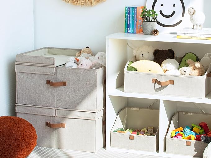 StorageWorks Extra Large Storage Bins with Lids, 55L Decorative Organizer with Divider Board, Fabric Boxes with Handles, Mixing of Brown & Beige, 2-Pack