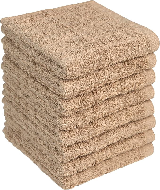 Premium Dish Towels (12”x 12”, 8 Pack) | Cotton Kitchen Hand Towels | Kitchen Towels | Highly Absorbent Tea Towels Set | Tan