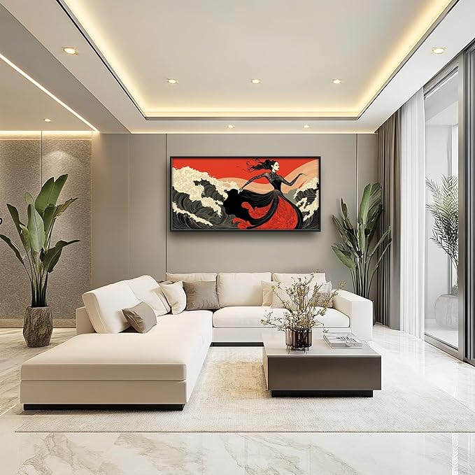 Flintis Large Black White and Red Dancer Framed Wall Art Woman Dancing Waves Pictures Wall Decor Abstract Canvas Painting Print Artworks Framed for Living Room Bathroom Master Bedroom 60L X 30W