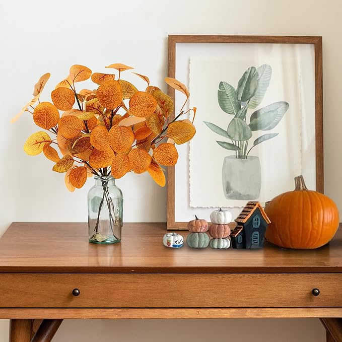 Sggcecsy 6 Pcs Fall Eucalyptus Leaves in Glass Vase 14" Artificial Autumn Stems Silver Dollar Leaves Fake Silk Branches with Vase for Indoor Home Autumn Festival Thanksgiving Decor