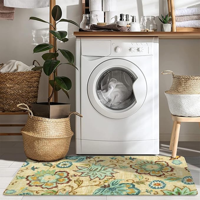 Lahome Floral Runner Rug - 2x4 Area Rug Non-Slip Low-Pile Washble Entryway Runner Rug Small Throw Laundry Mat Bathroom Runner, Boho Beige Paisley Carpet Runners for Hallway Bedroom Kitchen Foyer