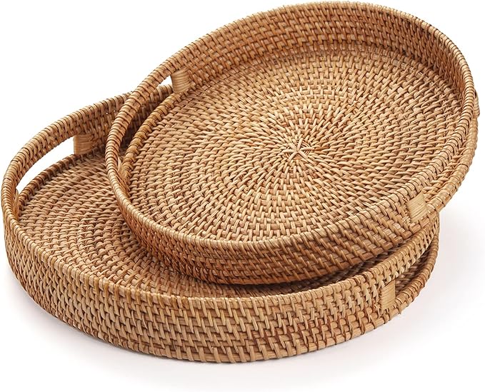 Round Rattan Serving Tray Decorative Woven Ottoman Trays with Handles for Coffee Table Natural (Small 11.8 inch x 2.4 inch)