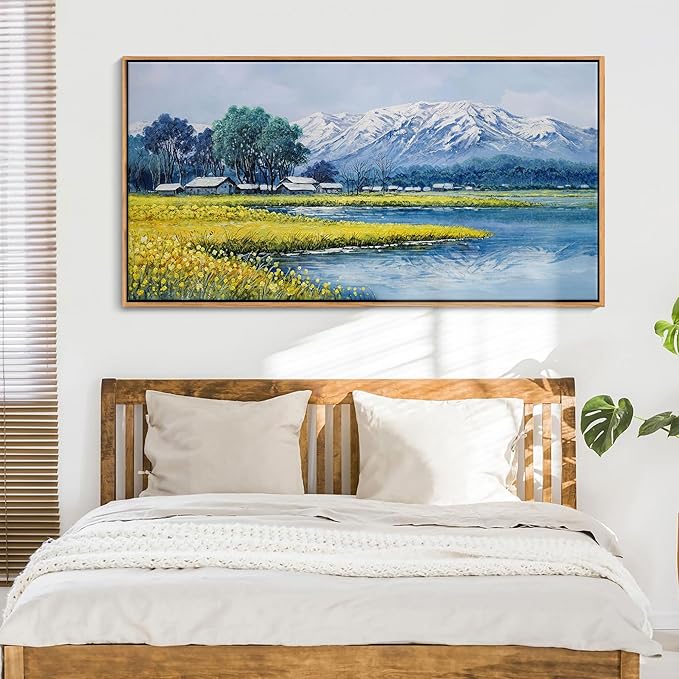 Landscape Wall Art - Japanese Mountain Nature Canvas Artwork for Living Room, Rustic Wall Art, Country Wall Decor, Farmhouse Paintings, Yellow Scenery Wall Pictures for Bedroom 24×48IN