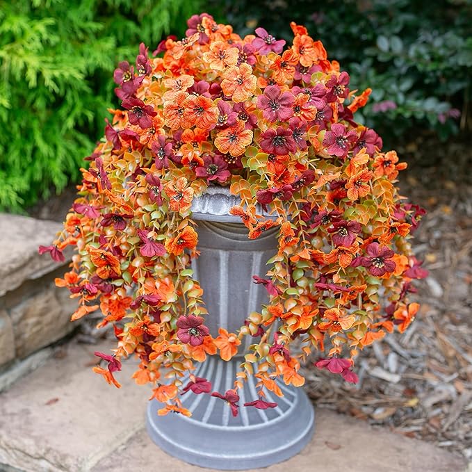 INSPRING Fake Autumn Flowers for Outdoors, 2Pcs Artificial Fall Light Orange & Brown Daisy Outside Decor, Fake Hanging Decoration, Realistic Plants, Silk Flower for Porch Patio Balcony Planter