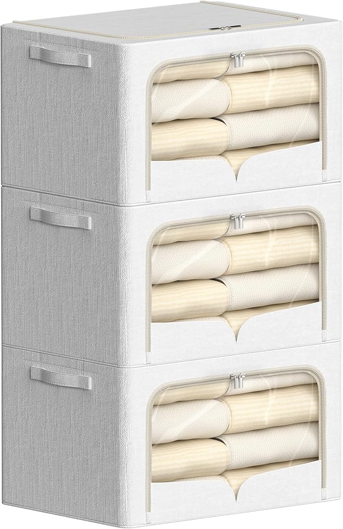 3 Pack Clothes Storage Bins Foldable Metal Frame Storage Box Stackable Linen Fabric Container Organizer Set with Carrying Handles and Clear Window (Cream White, 15.7x11.8x7.8inch(22L))