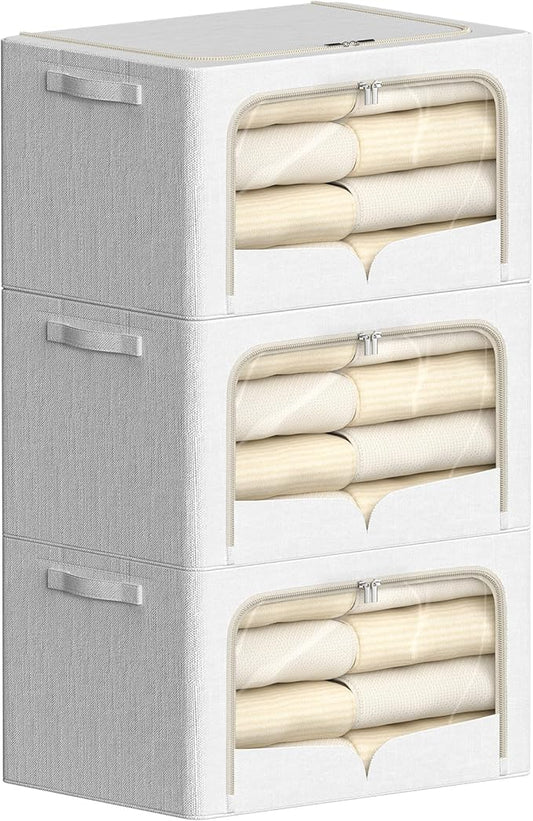 3 Pack Clothes Storage Bins Foldable Metal Frame Storage Box Stackable Linen Fabric Container Organizer Set with Carrying Handles and Clear Window (Cream White, 15.7x11.8x7.8inch(22L))