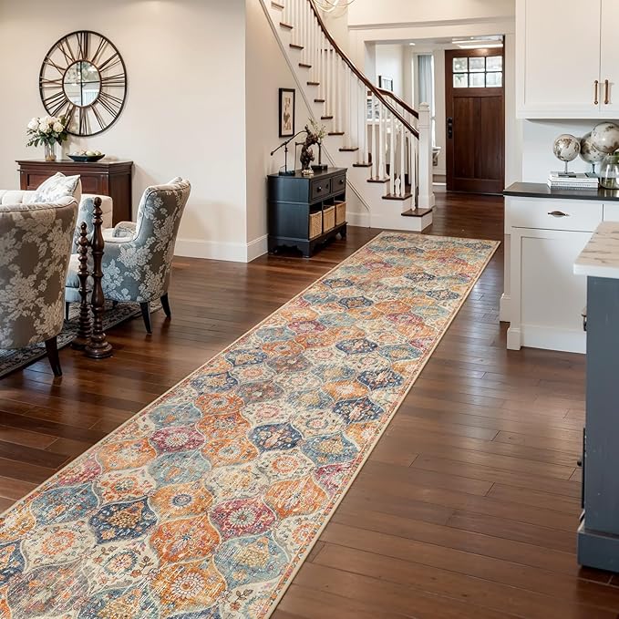Lahome Moroccan Washable Runner Rug 2x10, Kitchen Runners for Hallways Rubber Backing Ultra-Thin Vintage Hallway Rug Non-Slip Stair Carpet for Entryway Bedroom Laundry Room, Cream/Multi
