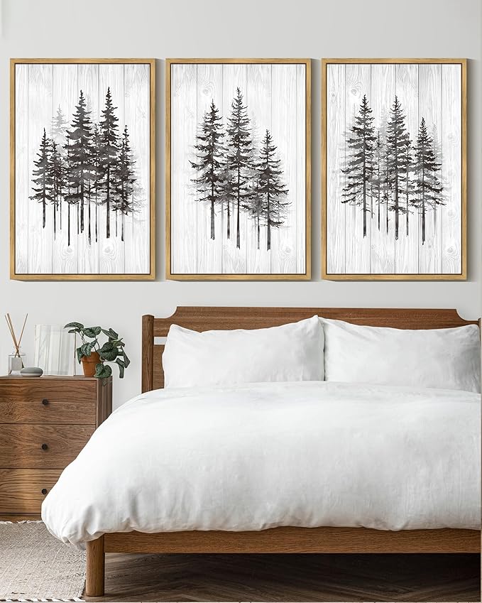 KUVIOKE Modern Pine Tree Framed Wall Decor Nature Forest Wall Decor Vintage Rustic Minimalist Paints for Farmhouse Bedroom Dining Room Decor16x24in (Natural Framed)