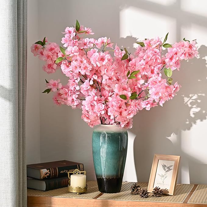 Sunm Boutique Pink Faux Cherry Blossom Branches, Artificial Cherry Blossom Stems Cherry Blossom Flowers Vase Arrangements for Wedding Home Party Kitchen Decor, Set of 3