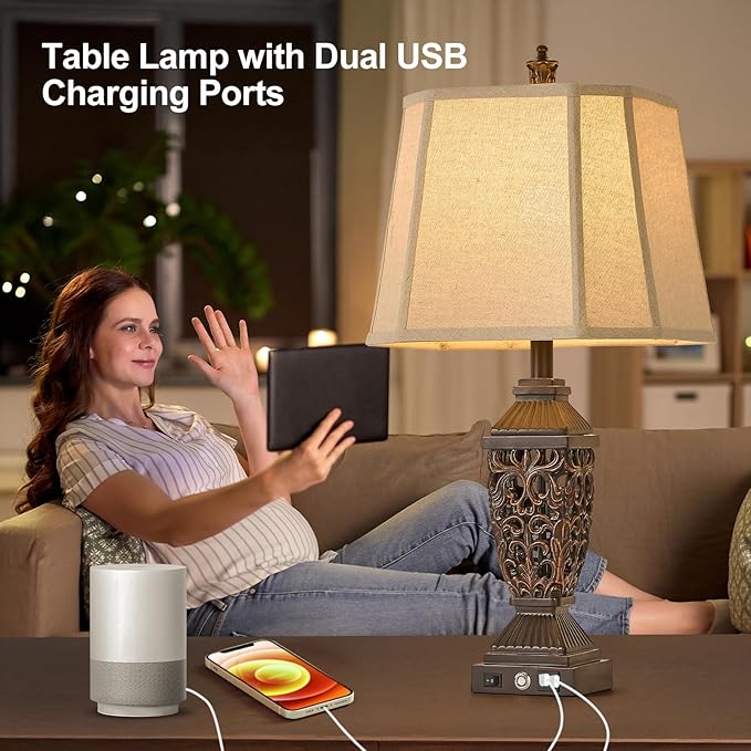 AIDENOEY 27.5“ Farmhouses Table Lamp with USB & USB-C Charging Ports, 3-Color Dimmable & Stepless Bottom Dimming, Touch Control & Switch, Vintage Bedside Lamp for Bedroom Living Room Office,(Brown)