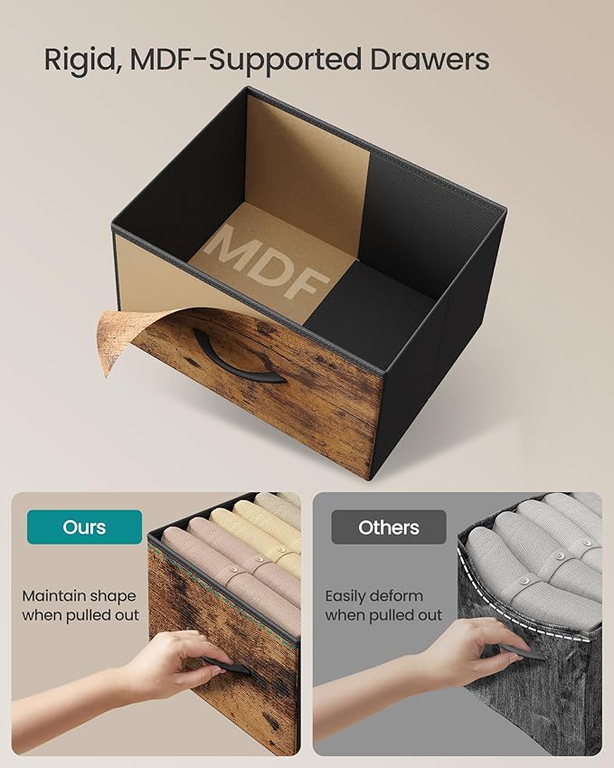 SONGMICS Dresser for Bedroom, Chest of Drawers, Steel, MDF, 5 Non-Woven Fabric Drawers, Storage Organizer Unit, Closet, Entryway, Rustic Brown and Ink Black ULGS315B02S