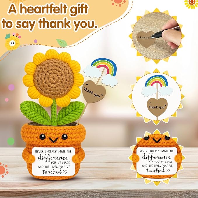 Crochet Sunflower Affirmation Gift “Never Underestimate The Difference You’ve Made” Thank You Gift for Teacher, Mentor, Coworker, Employee, Principal | Retirement & Farewell Appreciation