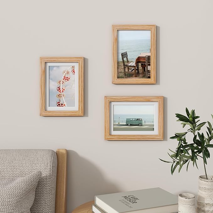 5x7 Picture Frame, Solid Oak Wood 5 x 7 Frame with Plexiglass, 5 by 7 Photo Frame for Wall & Tabletop Display, 5x7 Picture Frame Matted to 4x6, Natural Oak Color, 3 Pack