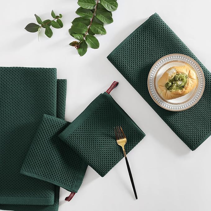 Homaxy 100% Cotton Kitchen Towels and Dishcloths Set, 12 x 12 Inches and 13 x 28 Inches, Set of 8 Bulk Kitchen Towels Set, Ultra Soft Absorbent Dish Cloths for Washing Dishes, Blackish Green