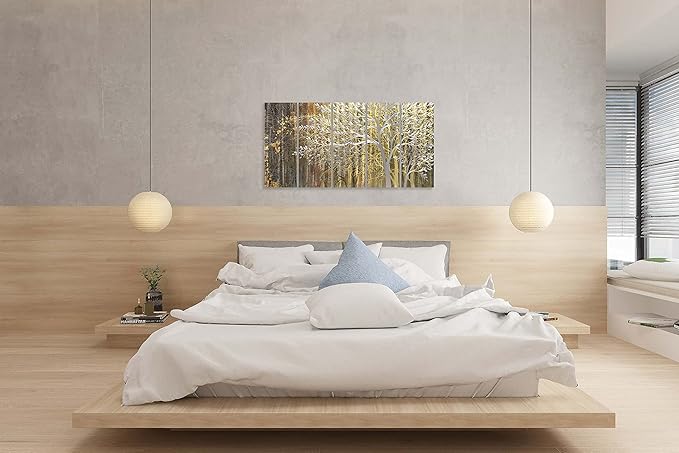 Yihui Arts Gold Metal Wall Art Handcrafted Tree on Aluminum Artwork Modern Forest Pictures with 3D for Living Room Bedroom Kitchen Decor