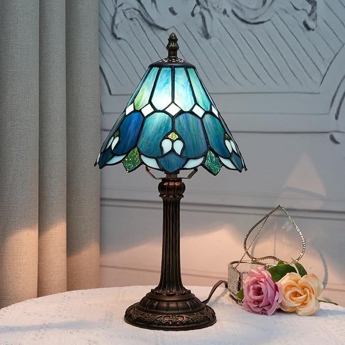 8 Inch Tiffany Style Colorful Lamp, Blue Green Umbrella Retro Design Bedside Lamp, Suitable for Bedroom, Dormitory Cafe and Other Home Art Decoration