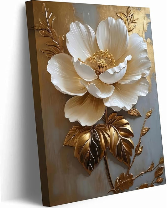 Flower Pictures Canvas Wall Art White Gold Flowers Elegant Wall Decor pictures 3D Retro Floral poster prints for Bedroom Bathroom Wall Decorations (12inx16in canvas)