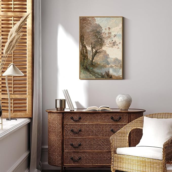 KBKBART Framed Canvas Wall Art Vintage Southwest Decor, Retro Neutral Landscape Riverside Botanical Art Prints Painting, Rustic Farmhouse Wall Decor Ready To Hang for Bedroom, Bathroom, Living Room,