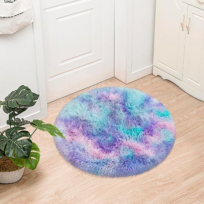 Tie Dye Rainbow Round Rugs Small 3x3 ft Fluffy Circle Rug Furry Carpet Shaggy Circular Fuzzy Plush Area Rug for Girls Bedroom Kids Room Living Room Nursery Cute Room Decor Pet mat Doormat
