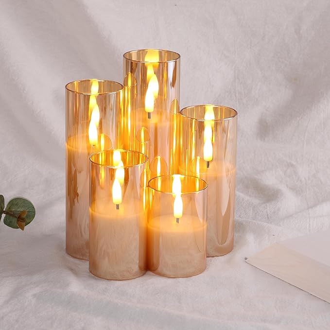 Eywamage 5 Pack Gold Glass Flameless Candles with Remote, Flickering Slim Tall LED Pillar Votive Candles Battery Included