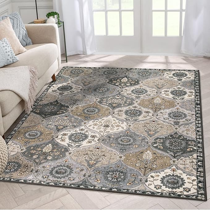 Lahome Moroccan Washable Living Room Rug, 5x8 Rugs for Bedroom Dining Room, Soft Non-Slip Non Shedding Boho Distressed Throw Carpet for Nursery Office, Grey